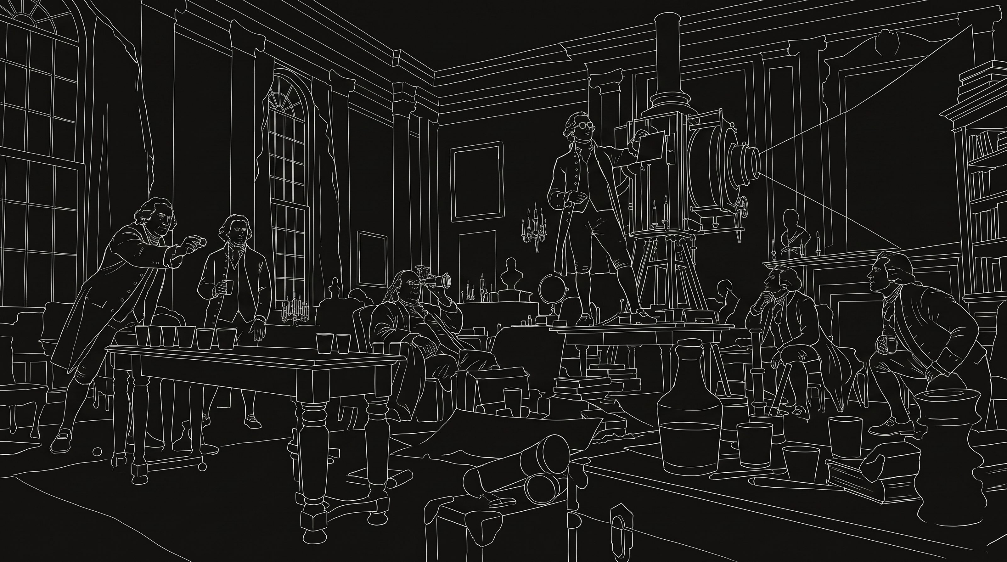 The convention hall drawn in white line on black