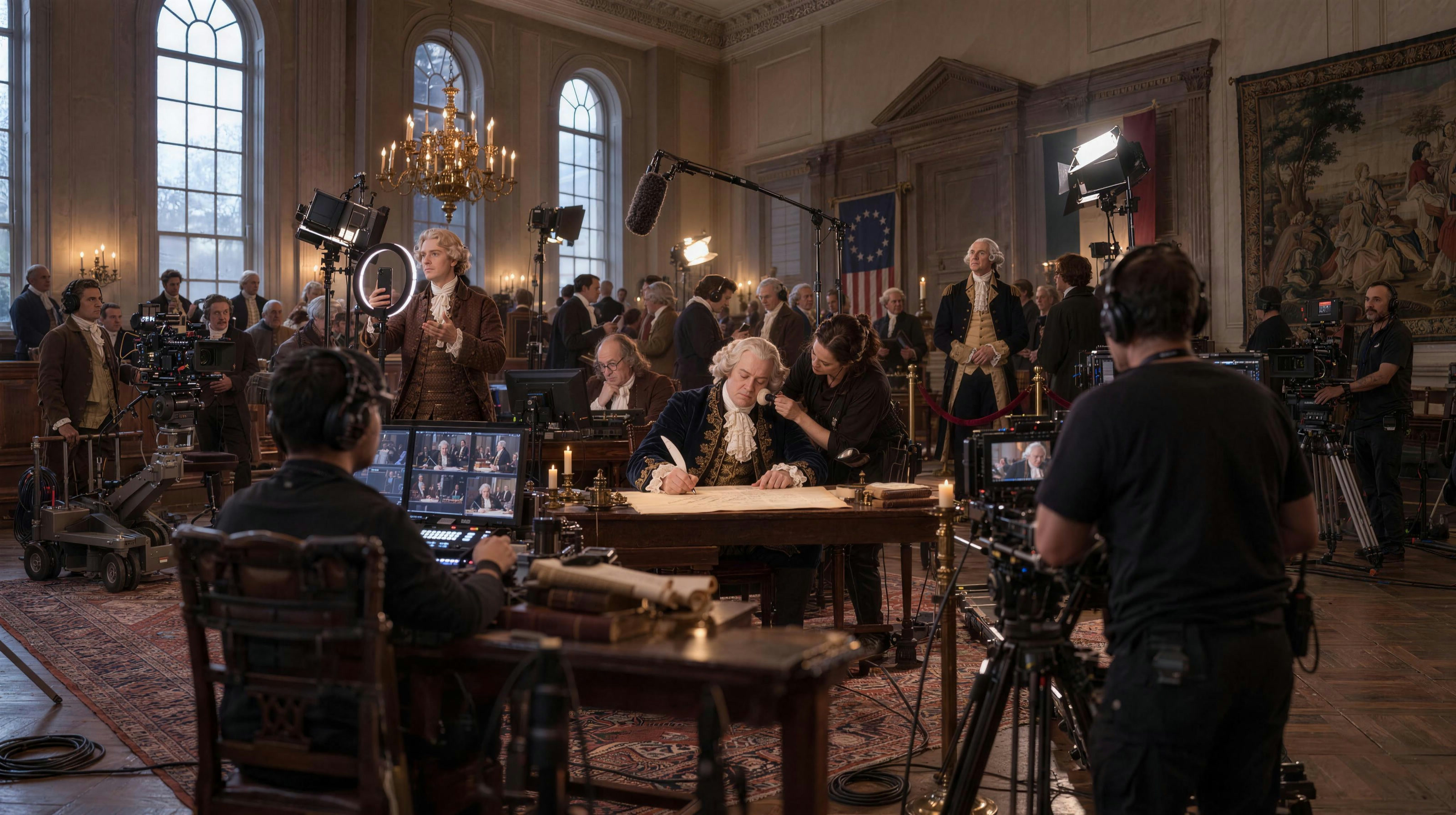 An imagined founding team on a film set, the founder signing while the crew watches every monitor