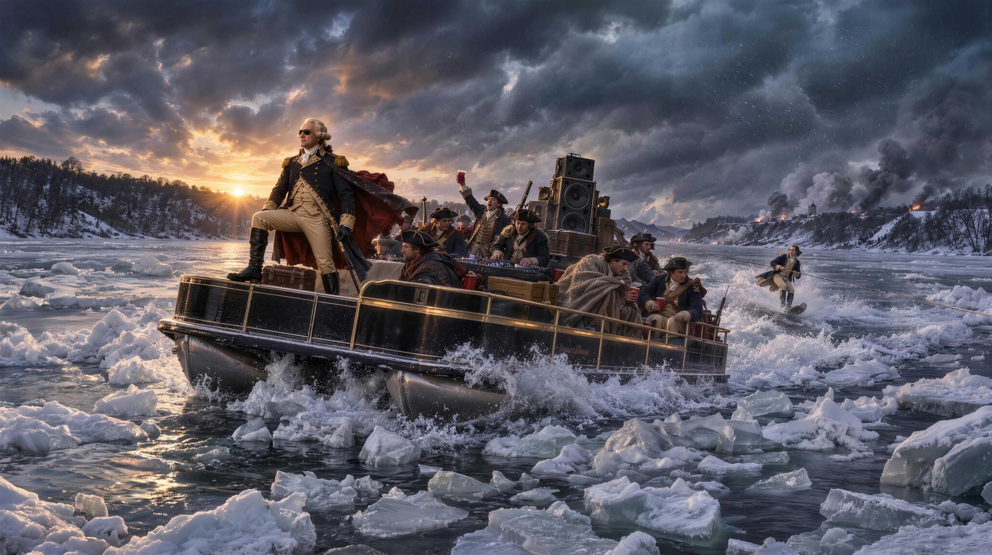 An imagined crossing: a general standing at the bow of a pontoon boat through the ice, a crew behind him, a wakeboarder in the wake