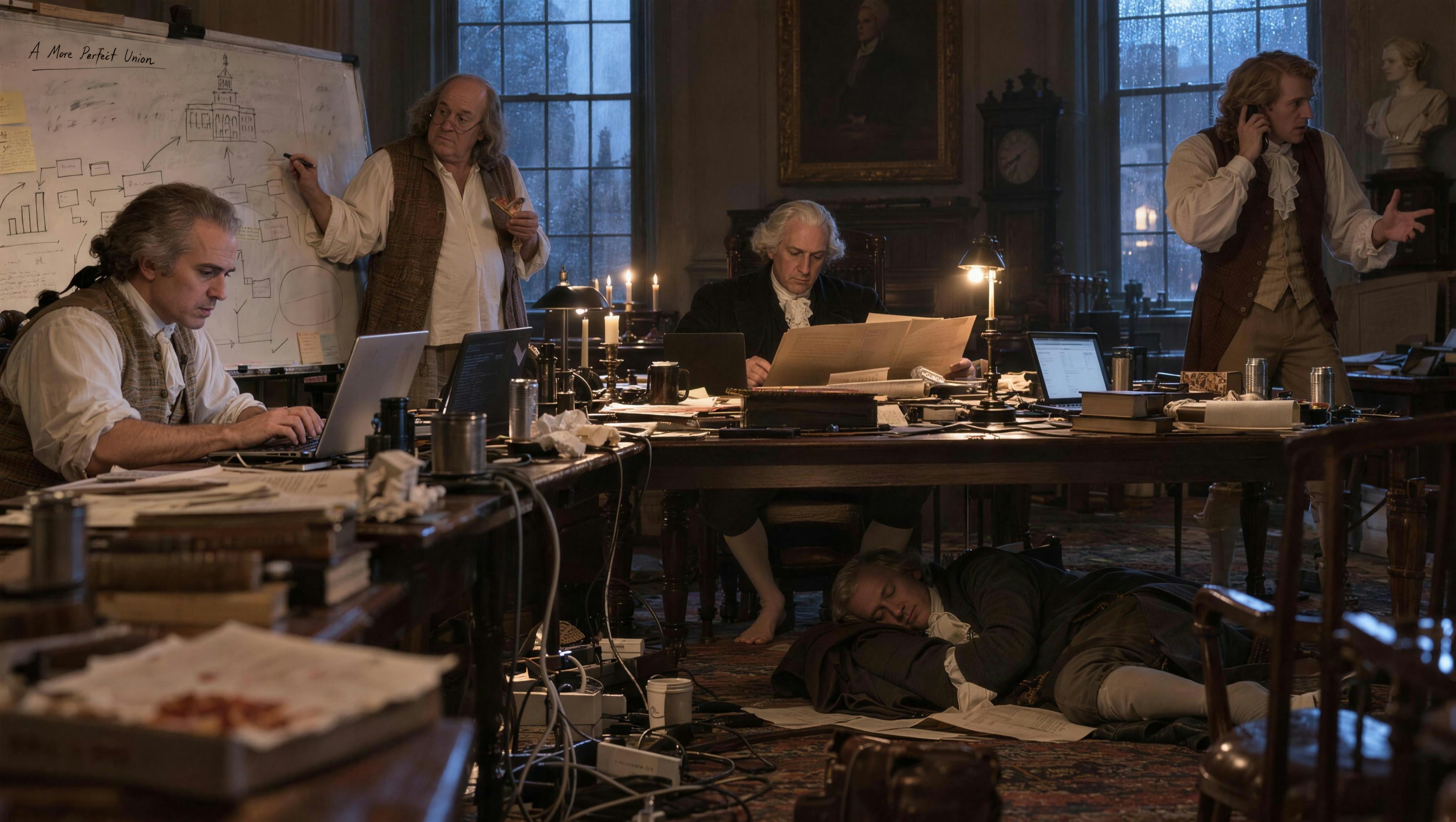 An imagined founding team late at night: a plan on the whiteboard, laptops among the candles, one asleep on the rug