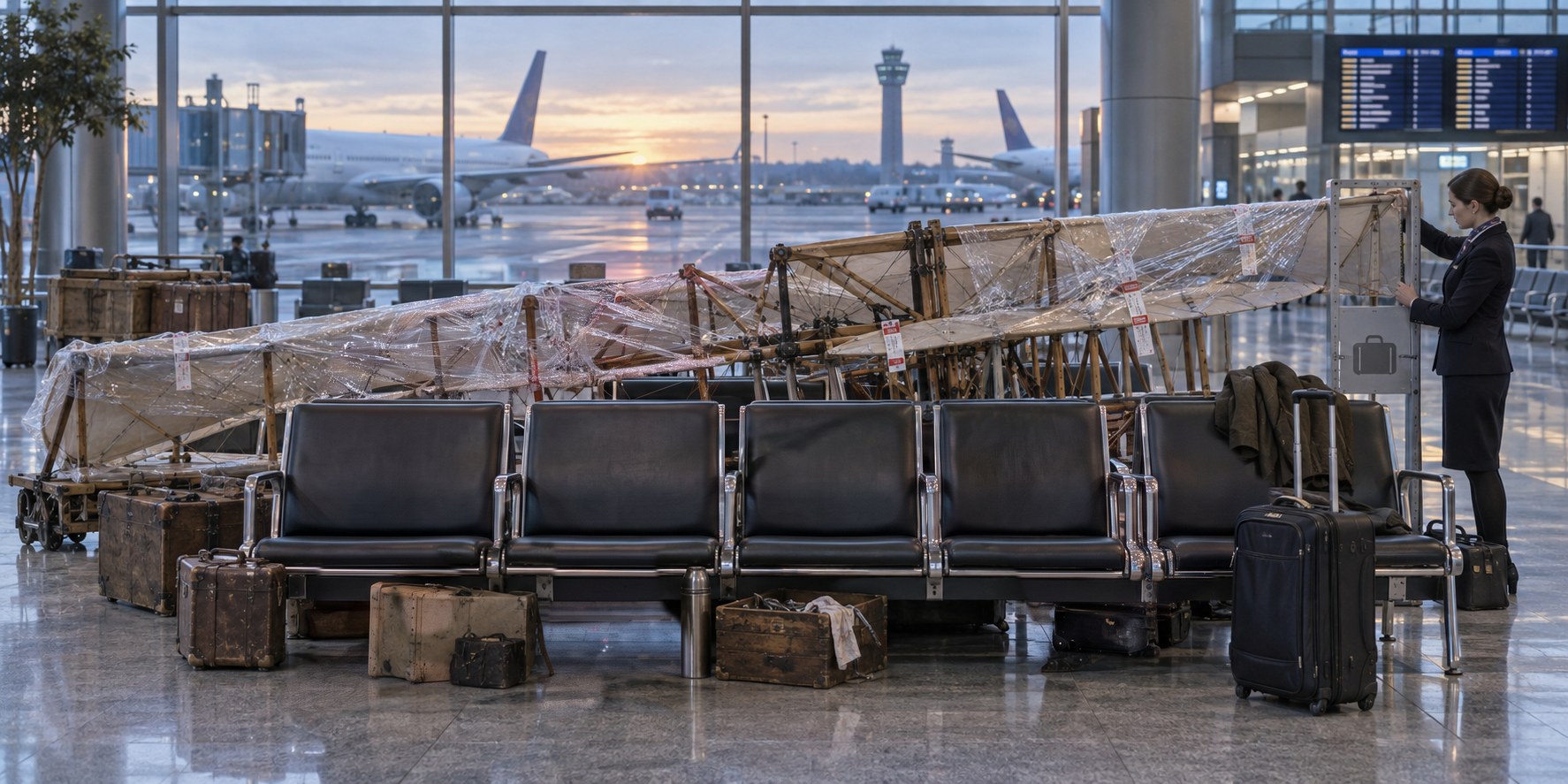 An imagined layover: the Wright brothers at an airport gate at dawn, one on his phone and one holding a propeller, a third man asleep across the seats, their flying machine wrapped in plastic behind them